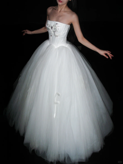 Sweety A Line Strapless Bow Knot White Tulle Long Wedding Dress DP8125