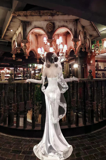 Gentle Mermaid Long Sleeve White Lace Satin Long Wedding Dress Prom Dress DP4410