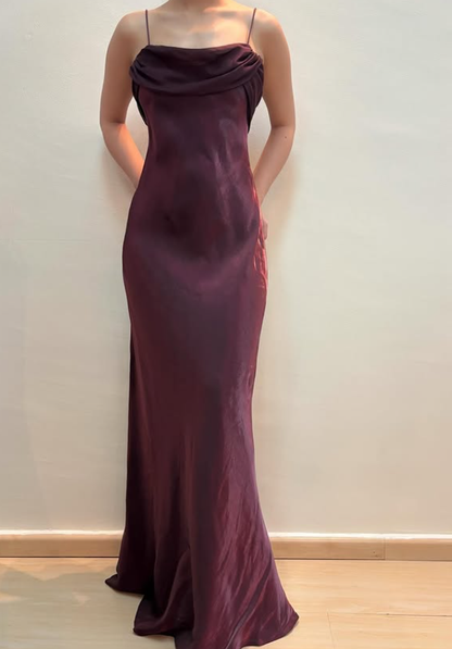 Vintage Dark Burgundy Simple Sheath Chiffon Satin Prom Dress Evening Dress Date Dress DP5284