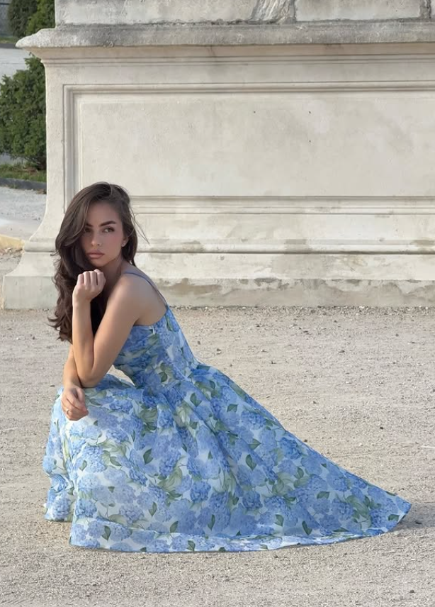 Blue Print Floral A Line Spaghetti Strap Chiffon Prom Dress Evening Dress DP6030