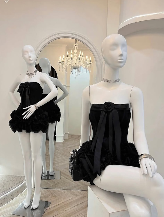 Black A Line Strapless Flower Satin Mini Homecoming Dress Cocktail Dress DP2807