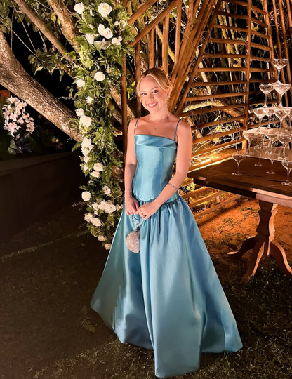 Elegant A Line Spaghetti Strap Blue Satin Prom Dress Graduation Prom Dress DP2118