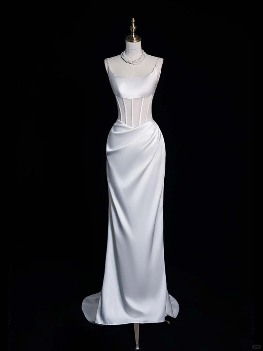 White Sheath Spaghetti Strap Corset Satin Prom Dress Graduation Prom Dress DP1990