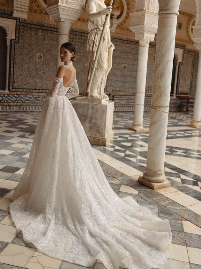 Classic Ball Gown Long Sleeve Pearl Lace Wedding Dress Prom Dress DP3824