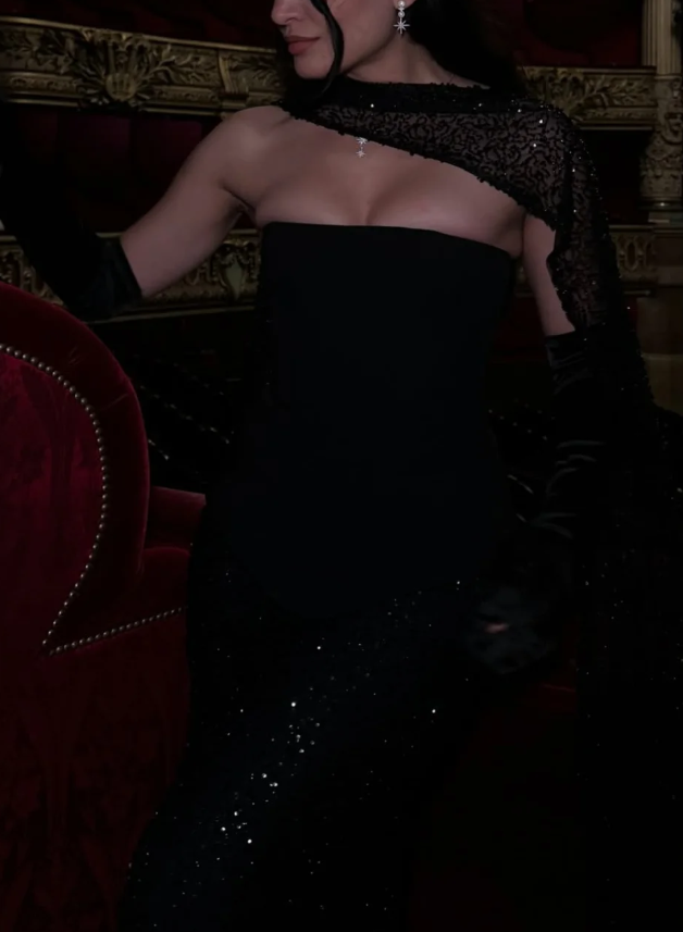 Elegangt Black Sheath Strapless Shiny Beaded Sequin Satin Prom Dress Evening Dress DP5026