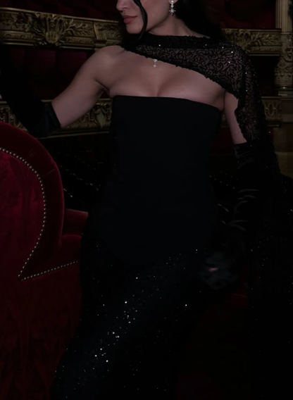 Elegangt Black Sheath Strapless Shiny Beaded Sequin Satin Prom Dress Evening Dress DP5026