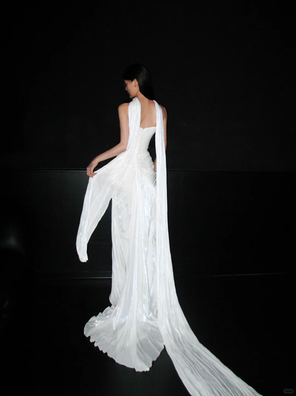 Unique Sheath Strapless White Pleated Satin Slit Long Wedding Dress DP6372