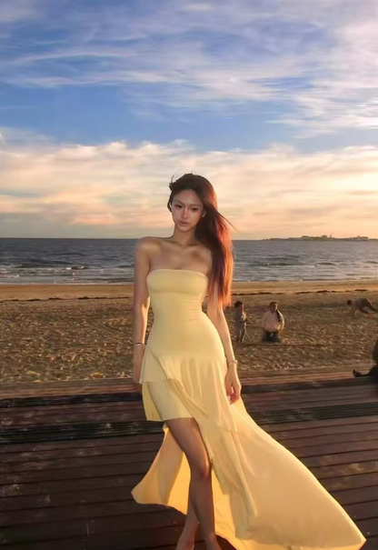 Cute Yellow A Line Strapless Satin Long Prom Dress Evening Dress with Slit DP7956