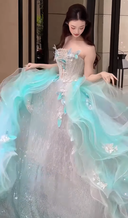 Stunning Blue Ball Gown Strapless Beaded Ruffle Organza Long Prom Dress DP4610