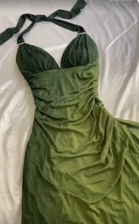 Halter Straps Ombre Green Chiffon Long Prom Dress Party Evening Dress DP723