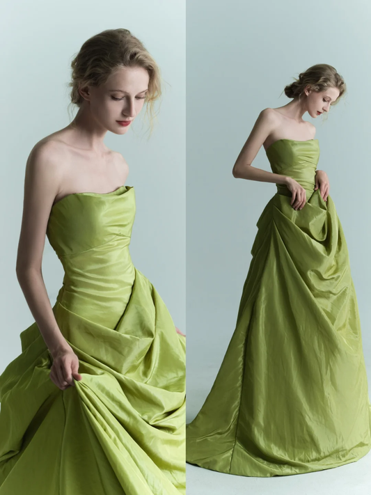 Charming Green Ball Gown Strapless Pleated Satin Prom Dress Formal Gown DP3721