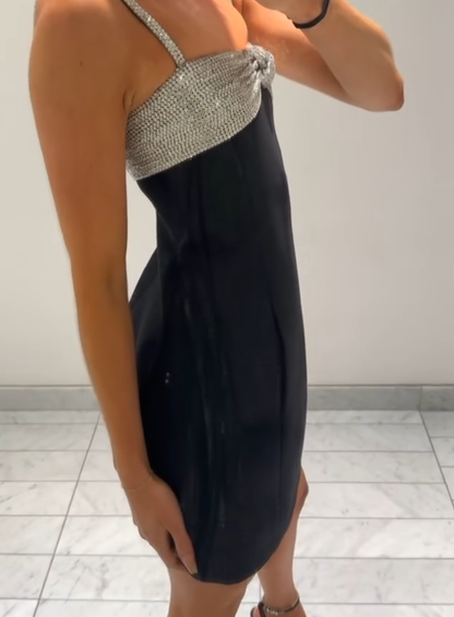 A Line Spaghetti Strap Silver Sequin Black Satin Homecoming Dress Cocktail Dress DP3163
