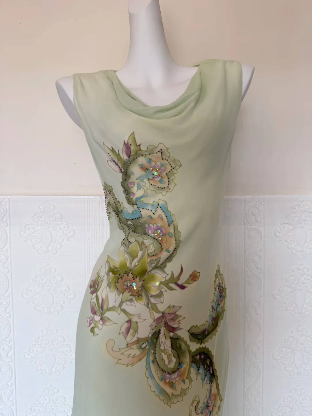 Vintage Light Green Print Floral Beaded Chiffon Prom Dress DP5172