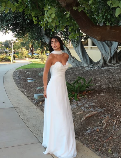 Gentle White A Line Sweetheart Neck Chiffon Prom Dress Evening Dress Date Dress DP6186