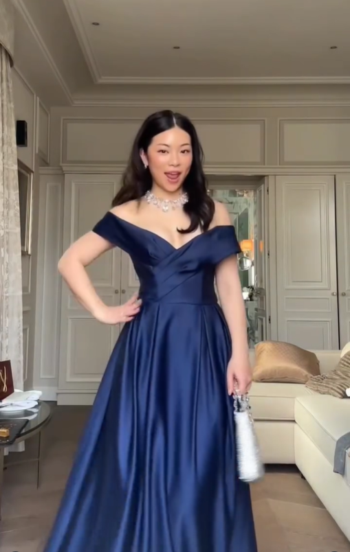 Elegant Navy Blue A Line Off the Shoulder Satin Long Prom Dress DP4368