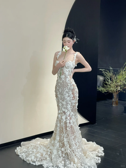 Stunning Mermaid Spaghetti Strap Floral Tulle Long Sweep Wedding Dress Prom Dress DP4418