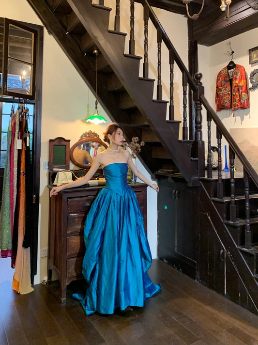 Vintage A Line Strapless Blue Satin Long Party Dress Evening Dress DP2438