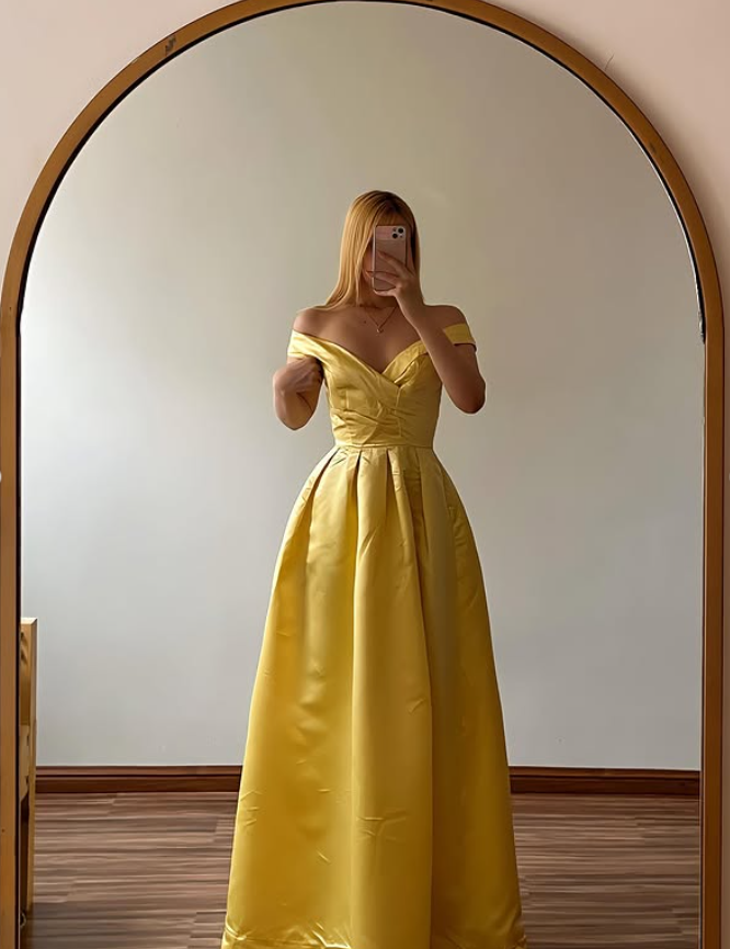 Princess Yellow A Line Off the Shoulder Satin Long Prom Dress Evening Dress DP6511