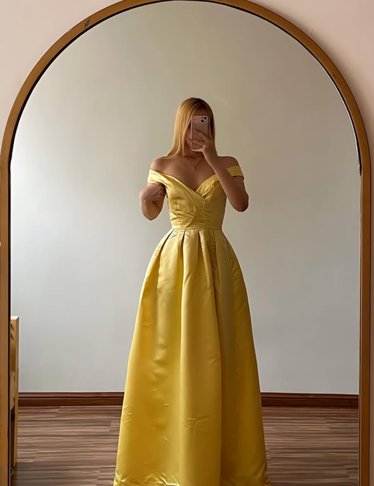 Princess Yellow A Line Off the Shoulder Satin Long Prom Dress Evening Dress DP6511