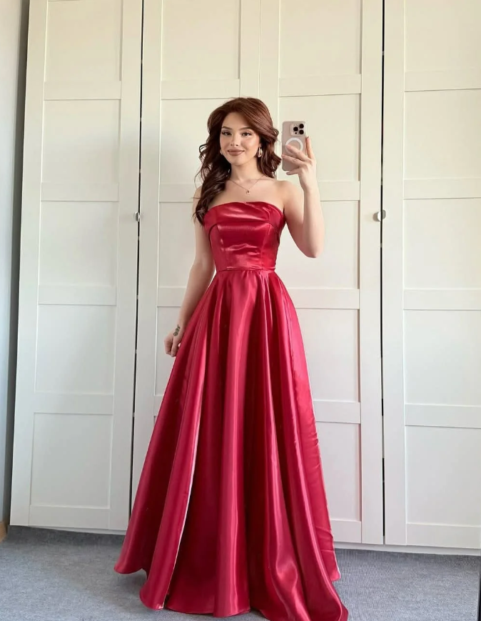 Princess Pink A Line Strapless Satin Prom Dress Evening Dress DP5261
