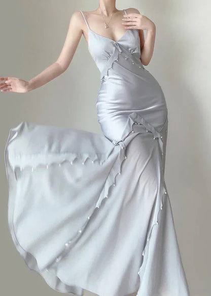 Elegant Mermaid Spaghetti Strap Pearl Grey Satin Long Prom Dress Evening Dress DP2228