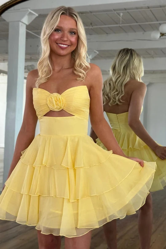 Well-made A Line Sweetheart Yellow Short Homecoming Dress with Ruffles Keyhole DP7202