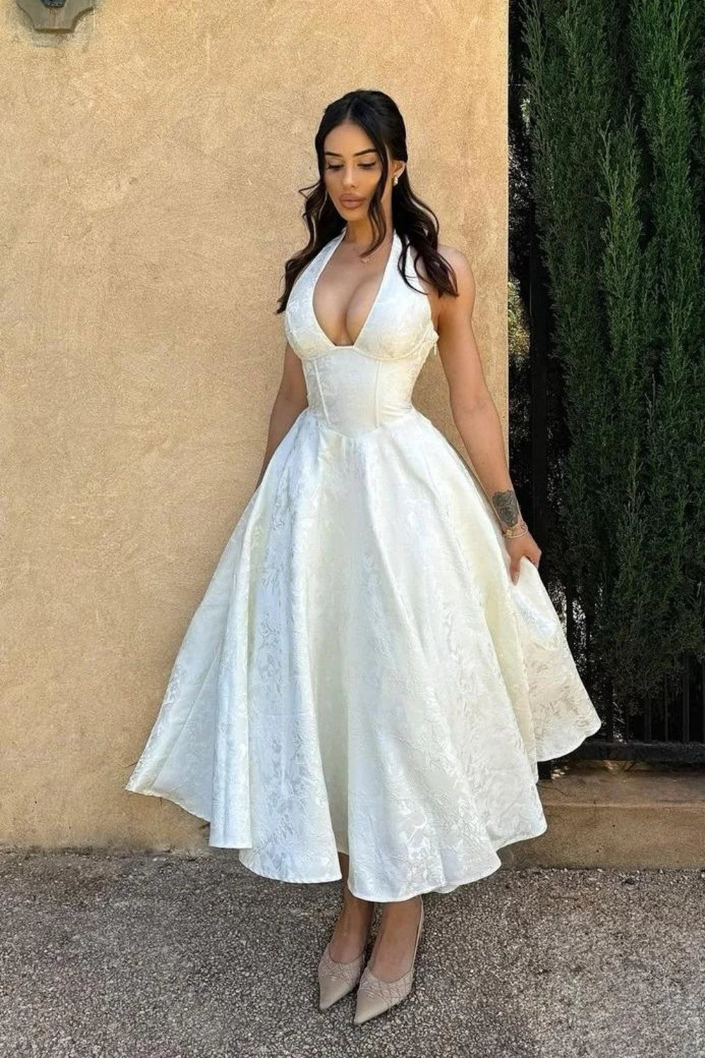 Sweety Ivory A Line Halter V Neck Print Satin Prom Dress Party Dress DP7707