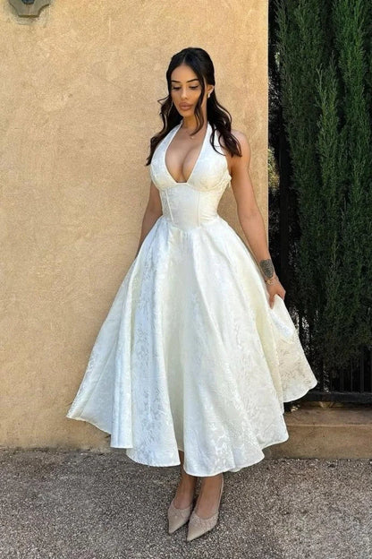 Sweety Ivory A Line Halter V Neck Print Satin Prom Dress Party Dress DP7707