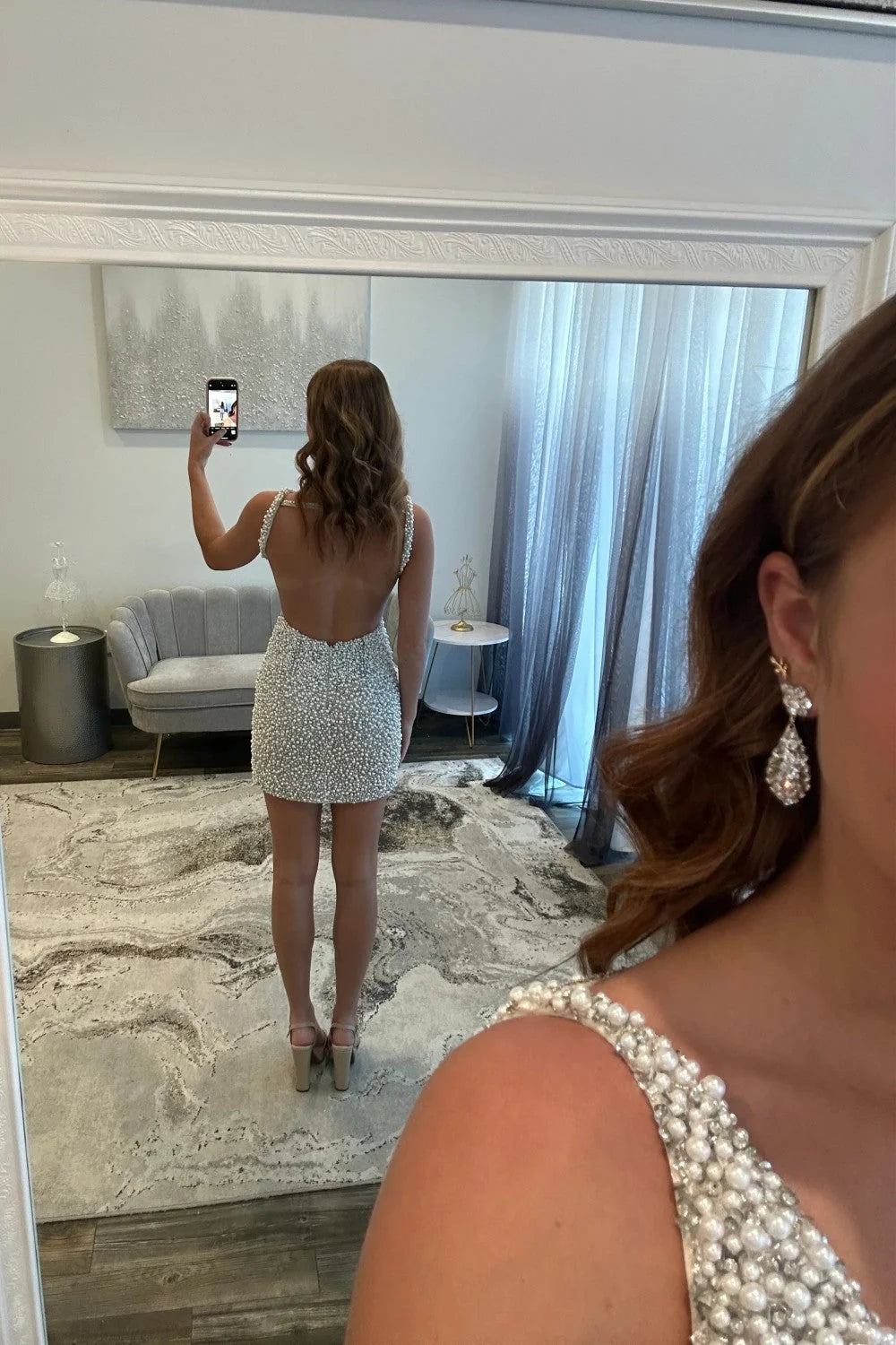 White Pearl Embellished Mini Homecoming Dress with Deep V-Neckline DP7346