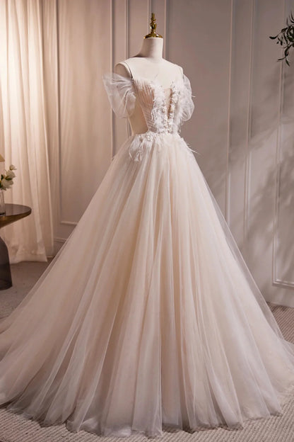 A Line Off the Shoulder Tulle Long Prom Dresses Evening Dresses with Feather DP1104