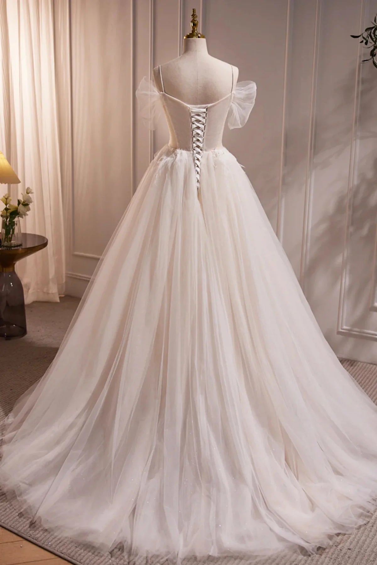 A Line Off the Shoulder Tulle Long Prom Dresses Evening Dresses with Feather DP1104
