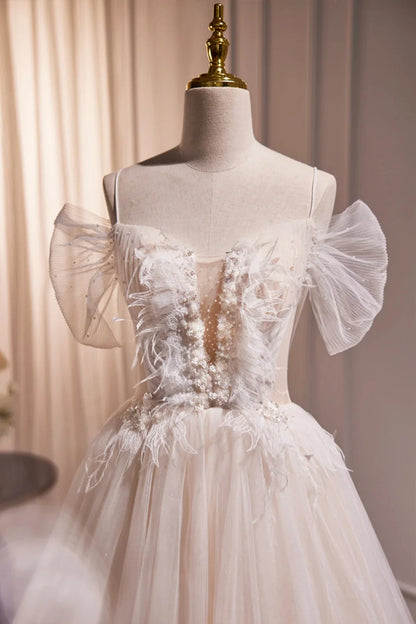 A Line Off the Shoulder Tulle Long Prom Dresses Evening Dresses with Feather DP1104