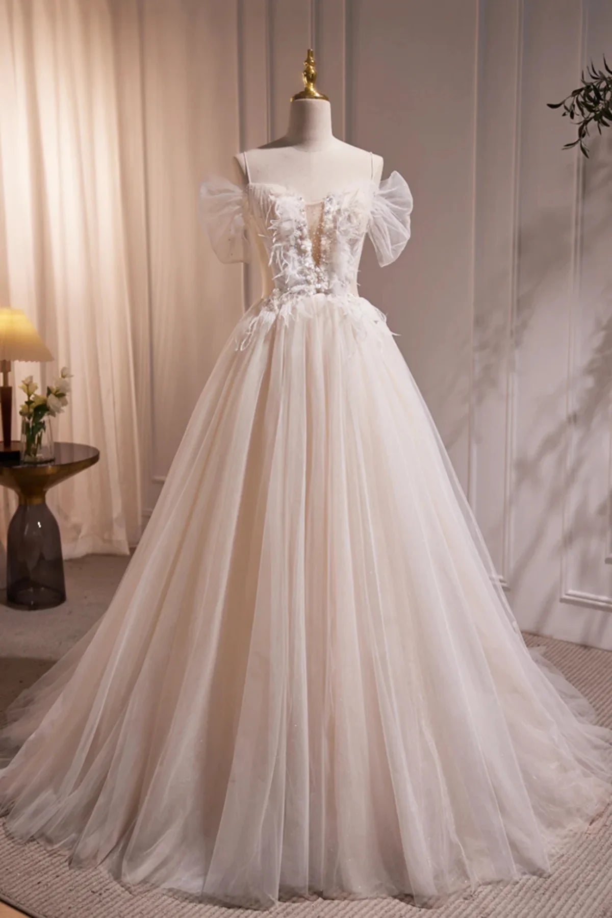 A Line Off the Shoulder Tulle Long Prom Dresses Evening Dresses with Feather DP1104