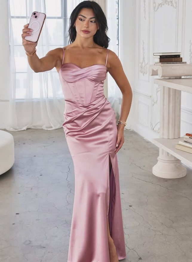 Beautiful Pink Sheath Spaghetti Strap Satin Prom Dress Evening Dress Date Dress DP6187