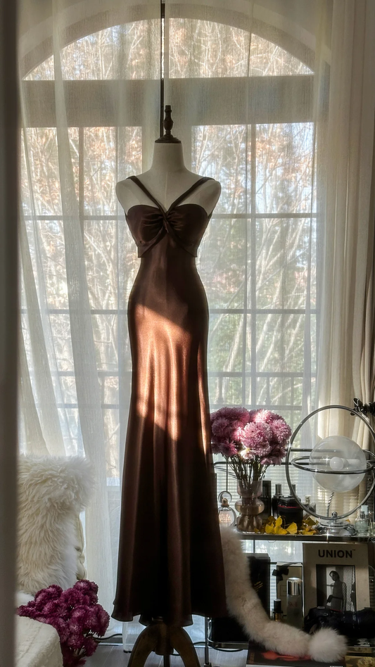 Sexy Mermaid Halter Brown Satin Long Open Back Party Dress Evening Dress DP2475