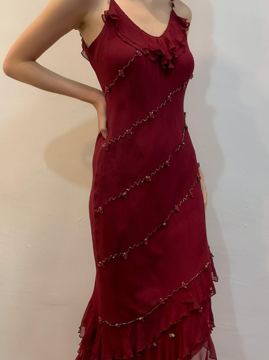 Vintage Sheath Spaghetti Strap Ruffle Beaded Burgundy Chiffon Prom Dress Evening Dress DP1635