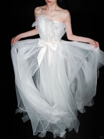 Gentle Flowy A Line Strapless White Tulle Long Wedding Dress DP6380