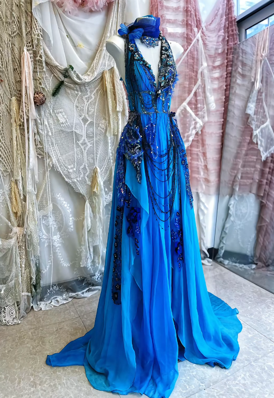 Blue Exquisite Beaded A Line V Neck Floral Chiffon Prom Dress 16th Birthday Dress DP3800