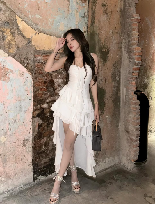White A Line Spaghetti Strap Ruffle Chiffon Homecoming Dress Cocktail Dress DP2887