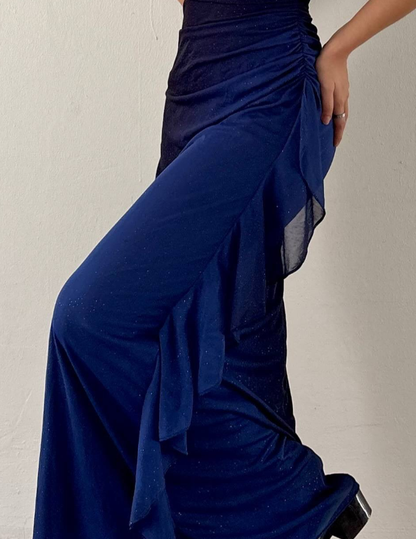 Retro Navy Blue Ombre One Shoulder Chiffon Party Dress Evening Dress DP2871