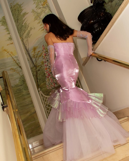 Pretty Mermaid Strapless Rhinestone Pink Satin Tulle Long Prom Dress Evening Dress DP1660