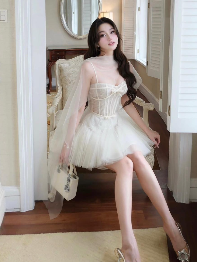 White Princess A Line Spaghetti Straps Lace Tulle Short Homecoming Dress Cocktail Dress DP3943