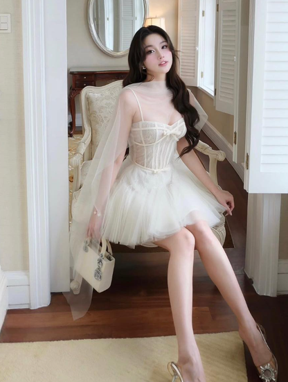 White Princess A Line Spaghetti Straps Lace Tulle Short Homecoming Dress Cocktail Dress DP3943