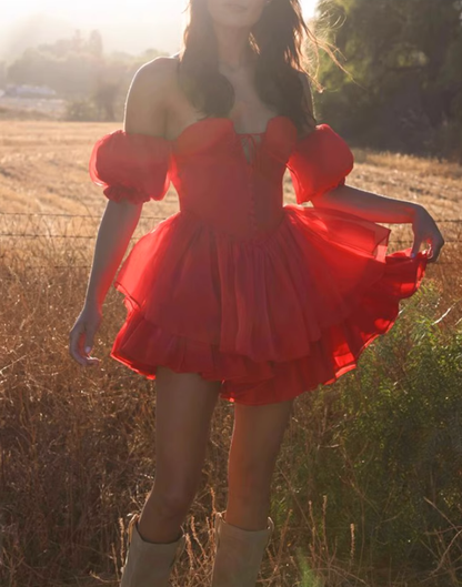 Charming Red A Line Puff Layered Chiffon Short Homecoming Dress Vacation Dress DP3645