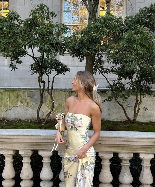 Pretty Sheath Strapless Print Floral Satin Long Prom Dress Evening Dress DP1636