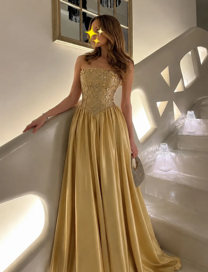 Gold A Line Strapless Beaded Satin Long Prom Dress Evening Dress DP6938