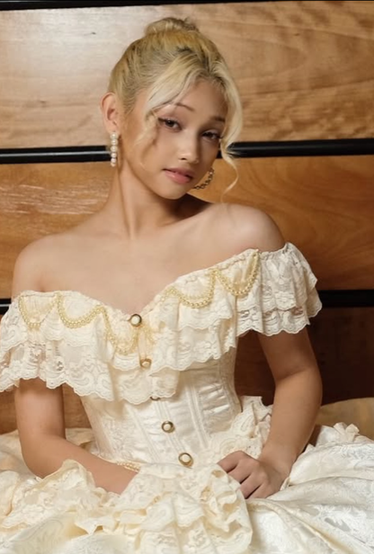 Apricot Ball Gown Off the Shoulder Layered Lace Satin 16th Birthday Dress Quinceanera Dress DP4439