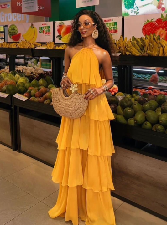 Dark Yellow A Line Halter Layered Chiffon Backless Prom Dress Outfits DP6318
