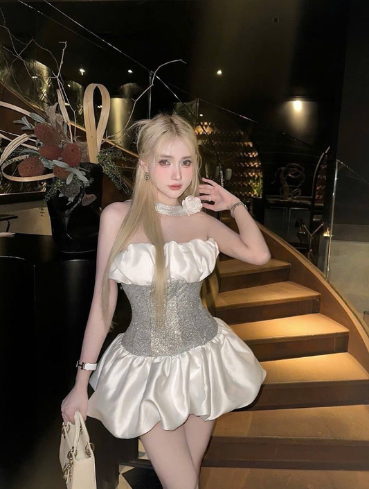 Cute Strapless Silver Sequin White Satin Short Homecoming Dress Date Dress DP2957