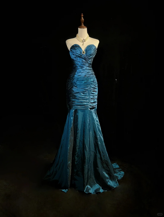 Vintage Mermaid Sweetheart Neck Pleated Navy Blue Satin Prom Dress Party Dress DP2770
